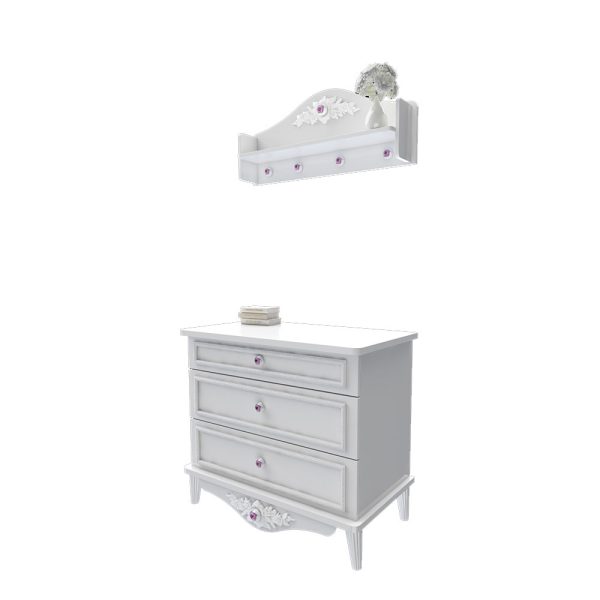 دراور کودک دختر سه کشو و شلف دیواری دخترانه یا آویز دیواری سفید ام دی اف