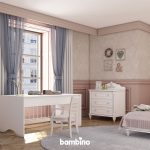 سرویس خواب نوجوان تبدیل شده از تخت نوزادی چهار منظوره شامل تخت نوجوان و یک نفره، صندوق یا داور و میز تحریر