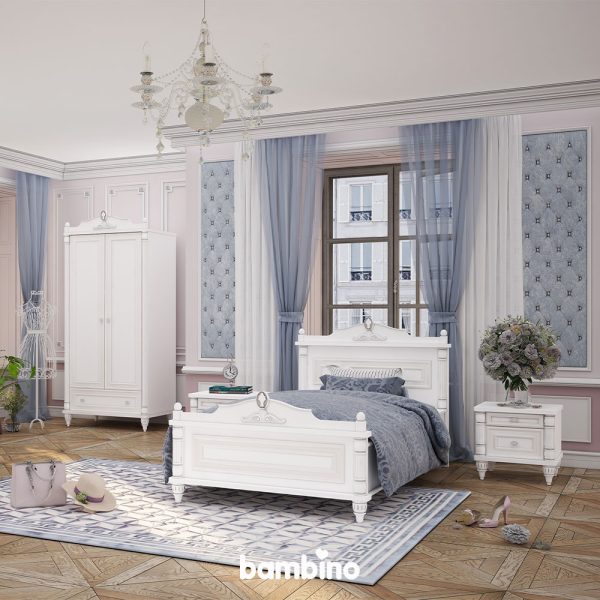 سرویس خواب اتاق جوان شامل تخت یک نفره، پاتختی و کمد دو درب