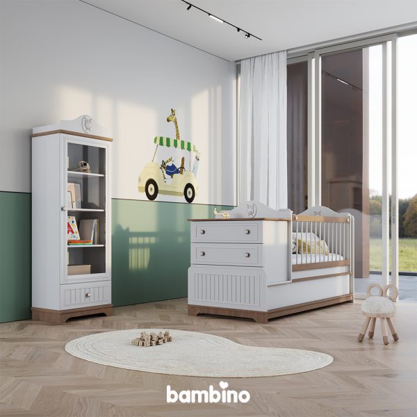سرویس تخت خواب نوزاد و کودک بامبینو مدل گلف استار و ویترین سیسمونی نوزاد