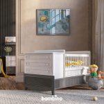 تخت نوزادی کلاسیک اسپرت دخترانه و پسرانه سفید طرح دار با گهواره و دراور