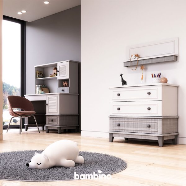 دراور سه کشو ، شلف و آویز دیواری و میز تحریر اتاق کودک و نوجوان سفید طوسی اسپرت