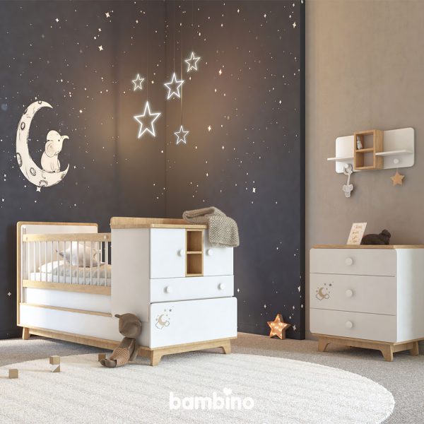 اتا خواب کودک و سیسمونی شامل تخت خواب و دراور و آویز دیواری