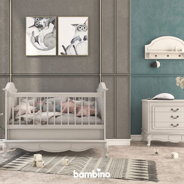 سرویس سیسمونی نوزاد با تخت نوزادی و دراور و آویز یا شلف دیواری