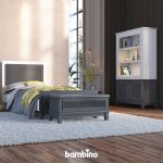 سرویس خواب یک نفره طوسی و سفید با تخت و کتابخانه بزرگ جا دار و گاف پایین تخت