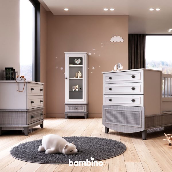 سرویس سیسمونی و اتاق نوزاد و کودک با تخت و کمد و دراور سه کشو