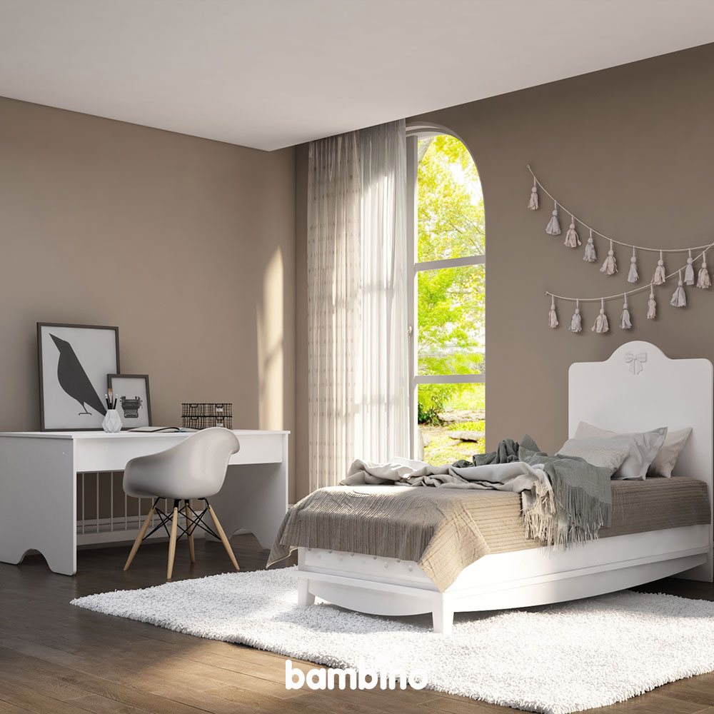 تخت و میز تحریر اتاق نوجوان تمام سفید