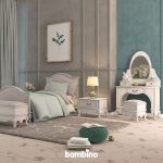 سرویس یک نفره بزرگسال شامل تخت و پاتختی و میز آرایش با آینه کشودار