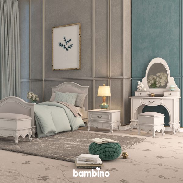 سرویس یک نفره بزرگسال شامل تخت و پاتختی و میز آرایش با آینه کشودار