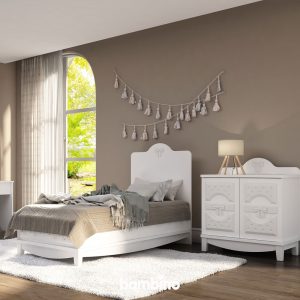 تخت نوجوان و دراور تخت سفید کنار تخت بسیار شیک