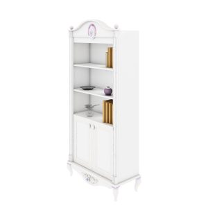 کتابخانه بزرگ دخترانه با طراحی شلف طبقاتی و کمد قفسه دار