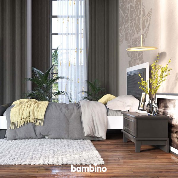 تخت یک نفره و بزرگسال و پاتختی کنار تخت طوسی اسپرت