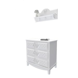 دراور سیسمونی نوزاد سه کشو پایه دار سفید و شلف دیواری اتاق نوزاد