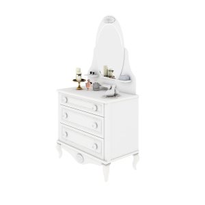 دراور سه کشو و آینه دراور دخترانه بیضی شکل سفید رنک