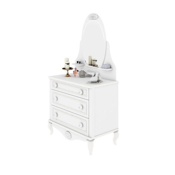 دراور سه کشو و آینه دراور دخترانه بیضی شکل سفید رنک