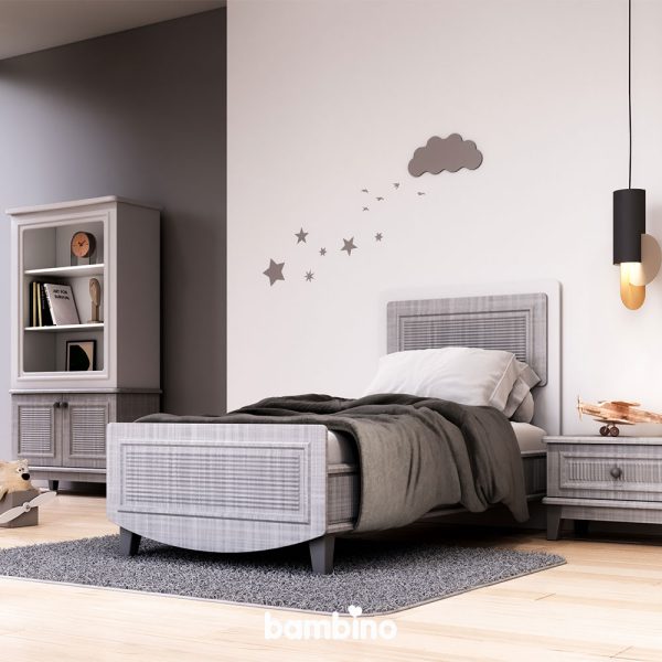 تخت و پاتختی و کتابخانه طوسی و سفید شیک اتاق خواب