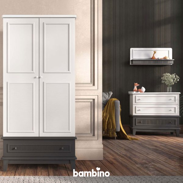 کمد دو درب و دراور شلف دیواری سفید طوسی با طراحی مدرن