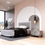 جدیدترین سرویس خواب یک نفره شامل تخت و پاتختی سفید . طوسی