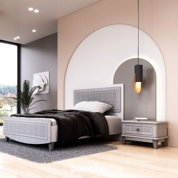 جدیدترین سرویس خواب یک نفره شامل تخت و پاتختی سفید . طوسی