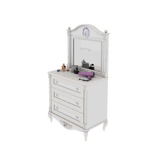 ست میر آرایش شامل قاب آینه دخترانه سیسمونی نوزاد و دراور دخترانه سه کشو مناسب اتاق دخترانه