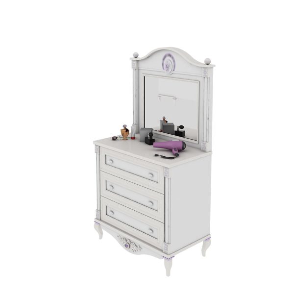 ست میر آرایش شامل قاب آینه دخترانه سیسمونی نوزاد و دراور دخترانه سه کشو مناسب اتاق دخترانه