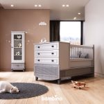 تخت و ویترین اسباب بازی کودک و سیسمونی نوزاد سفید طوسی کلاسیک