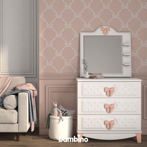 دراور و آینه اتاق کودک سفید صورتی فانتزی شیک