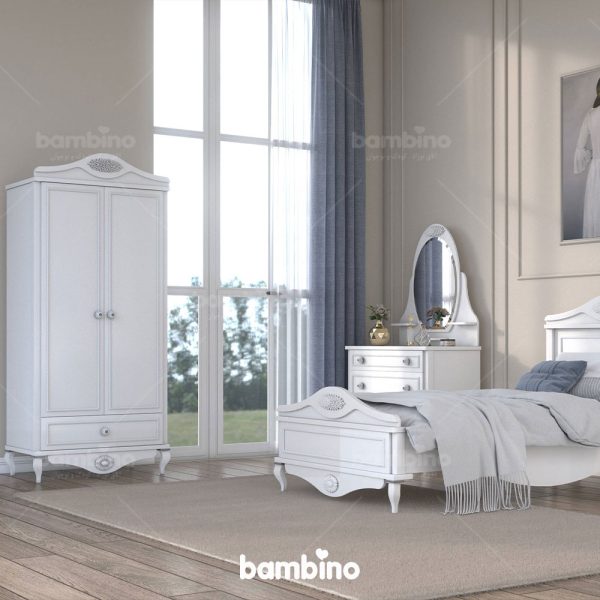 تخت و کمد و دراور آینه تمام سفید مخصوص اتاق بزرگسال