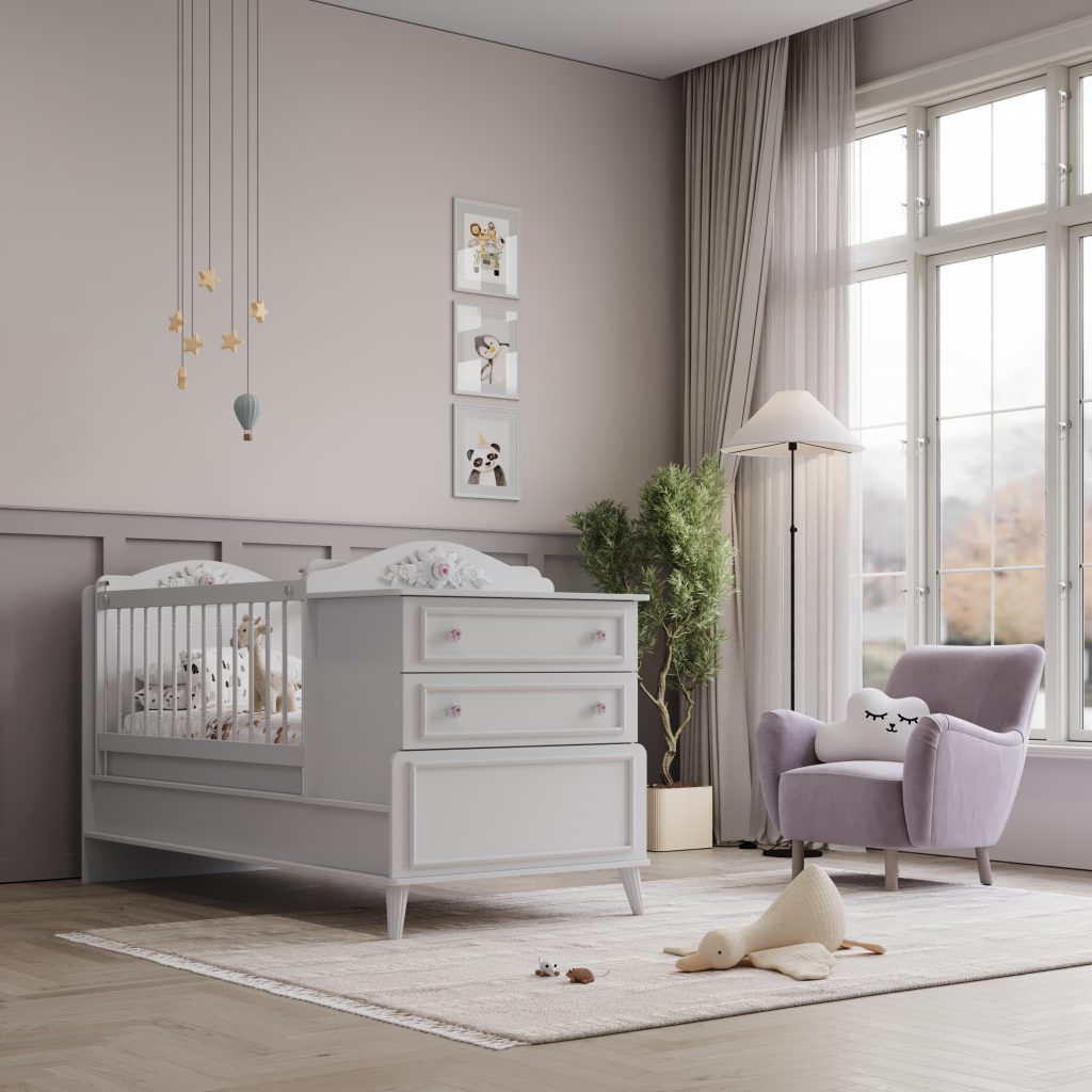 تخت خواب نوزاد دخترانه مناسب سیسمونی قابل تبدیل به تخت نوجوان